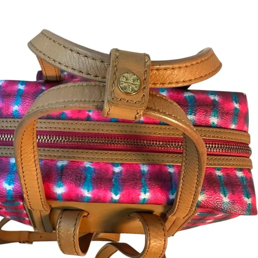 Tory Burch multicolor printed backpack with tan leather trim, top handle bag.